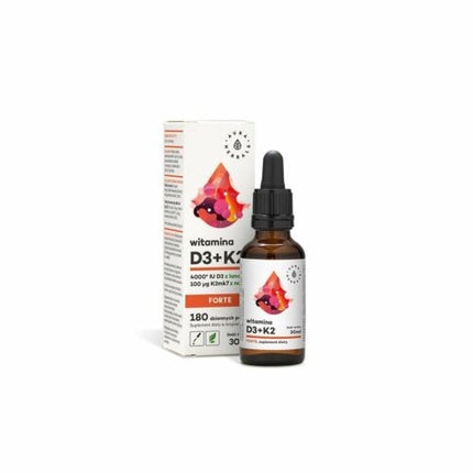 Aura Herbals, Vitamina D3 + K2 Forte Drops, 30ml, 100mcg K2 MK-7 + 4000 IU D3, Sticlă maro