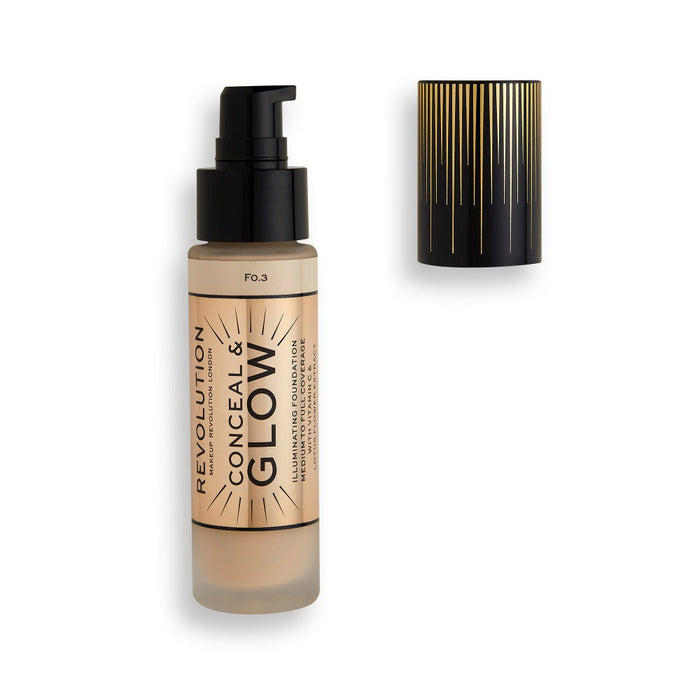 Fond de ten cremos Makeup Revolution Conceal & Glow, iluminator, nuanța F3, 23 ml