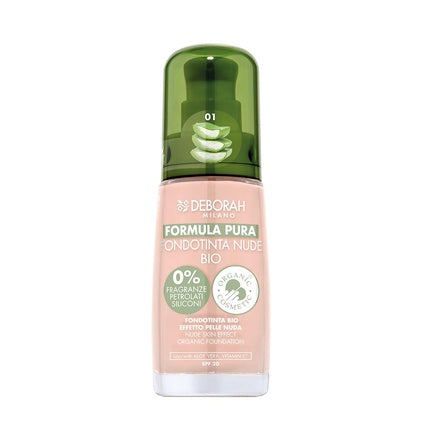Fond de ten lichid Deborah Milano, Pure Nude Bio Formula Ivory, SPF 20, textură medie, cu vitamina C și Aloe Vera