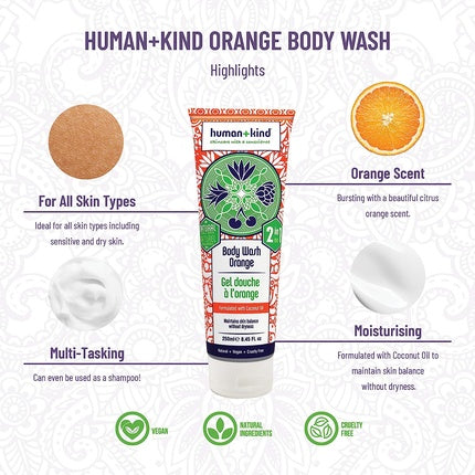 Gel de duș Human+Kind Orange Body Wash 2 în 1 cu ulei de cocos, 250 ml