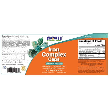 Supliment alimentar Now Foods Iron Complex Caps Non-Constipating, 100 capsule