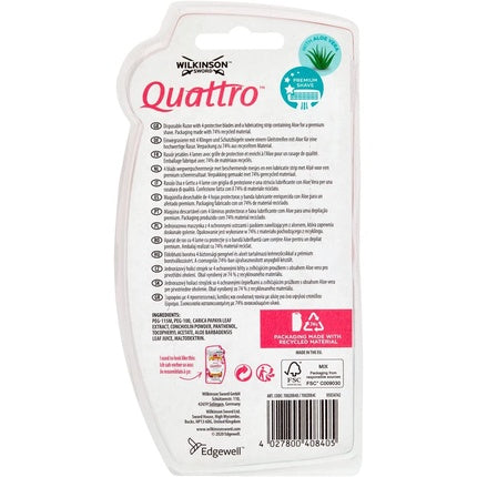 Aparat de ras femei, Wilkinson Sword Quattro, 4 lame, roșu