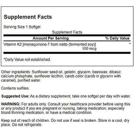 Swanson, Vitamin K2 Menaquinone-7 Supplement, 100mcg, 30 Softgels
