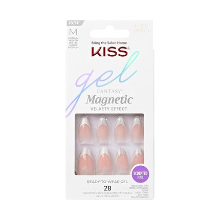 Unghii false Kiss Gel Fantasy Magnetic North Coast, Set 28 buc, culoare nude cu vârf alb