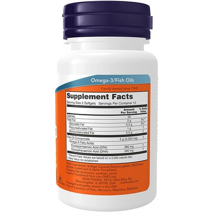 Supliment alimentar NOW Foods Omega-3 Molecularly Distilled Fish Oil Softgels, 180 mg EPA, 240 mg DHA