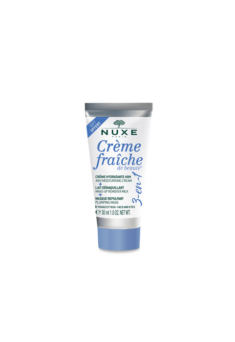 Cremă hidratantă Nuxe Crème Fraîche de Beauté, lapte demachiant și mască 3-în-1, 30 ml