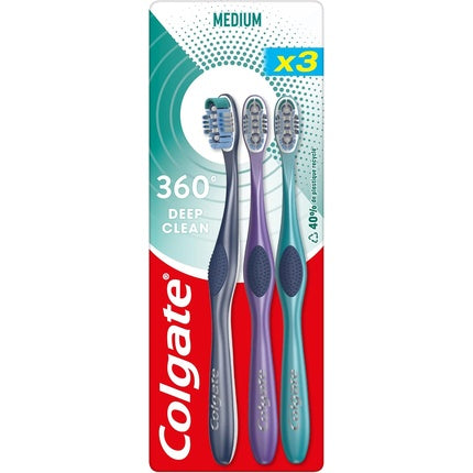 Periuță de dinți Colgate 360 Deep Clean Medium, set 3 bucăți, culori mixte (albastru, mov, verde)