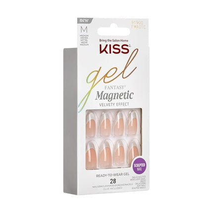 Unghii false Kiss Gel Fantasy Magnetic North Coast, Set 28 buc, culoare nude cu vârf alb