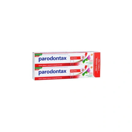 Pastă de dinți Parodontax Original, set 2 x 75 ml, ambalaj alb cu detalii verzi și roșii