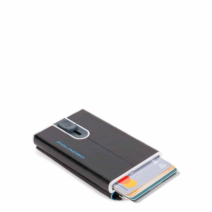 Portcard Piquadro Blue Square, cu mecanism glisant pentru accesarea cardurilor