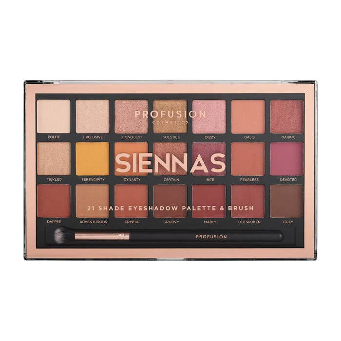 Paletă de farduri de pleoape Profusion Cosmetics Siennas, 21 de nuanțe, cu pensulă, 245 g