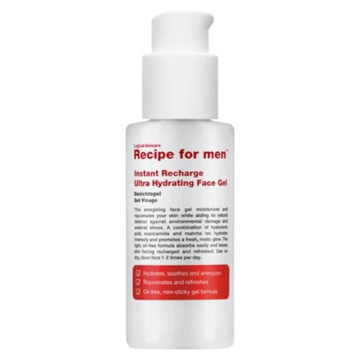 Gel hidratant de față Recipe For Men Instant Recharge, cu acid hialuronic, 75 ml