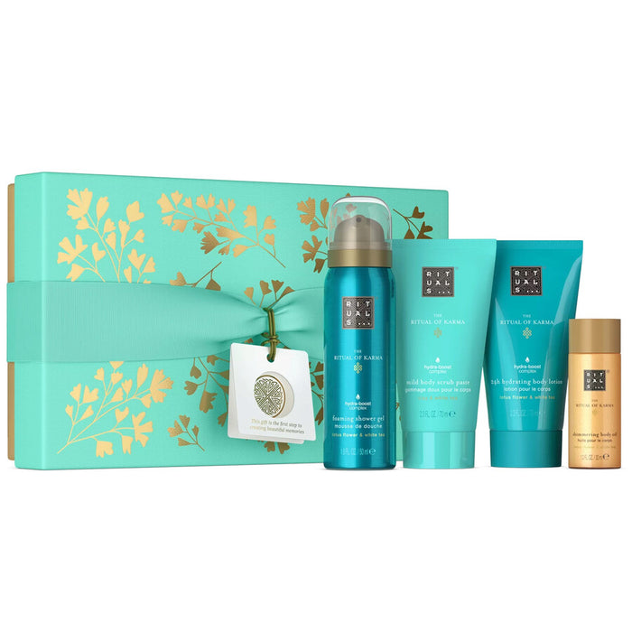 Set cadou unisex Rituals Ritual of Karma, cu parfum floral acvatic, 4 piese: ulei de corp 30 ml, gel de duș 50 ml, scrub 70 ml, loțiune hidratantă 70 ml