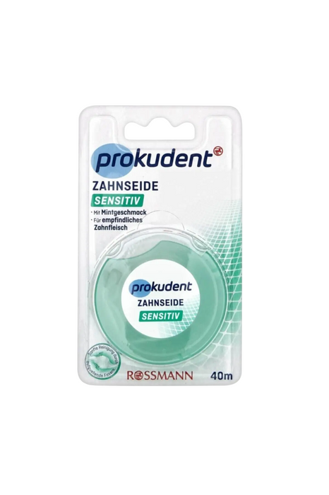 Ață dentară Rossmann Prokudent Sensitiv, cu aromă de mentă, pentru gingii sensibile, 40 m, tester