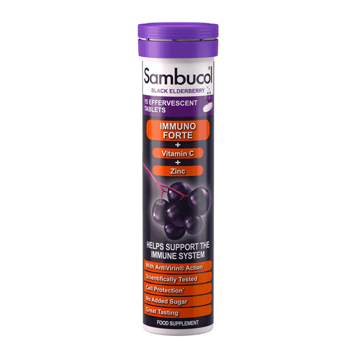 Tablete efervescente Sambucol Immuno Forte+, soc negru, vitamina C și zinc, 15 buc