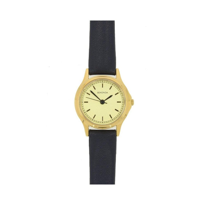 Ceas de mână Sekonda Quartz Watches, mecanism cu cuarț, cadran crem, carcasă aurie, curea neagră