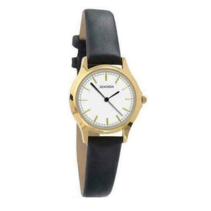 Ceas de mână Sekonda Quartz Watches, mecanism quartz, cadran alb, carcasă aurie, curea neagră