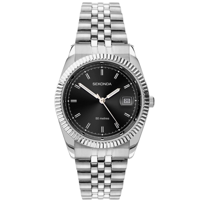 Ceas cu cuarț Sekonda Quartz, cadran negru, brățară metalică argintie, afișaj dată, rezistență la apă 50 m