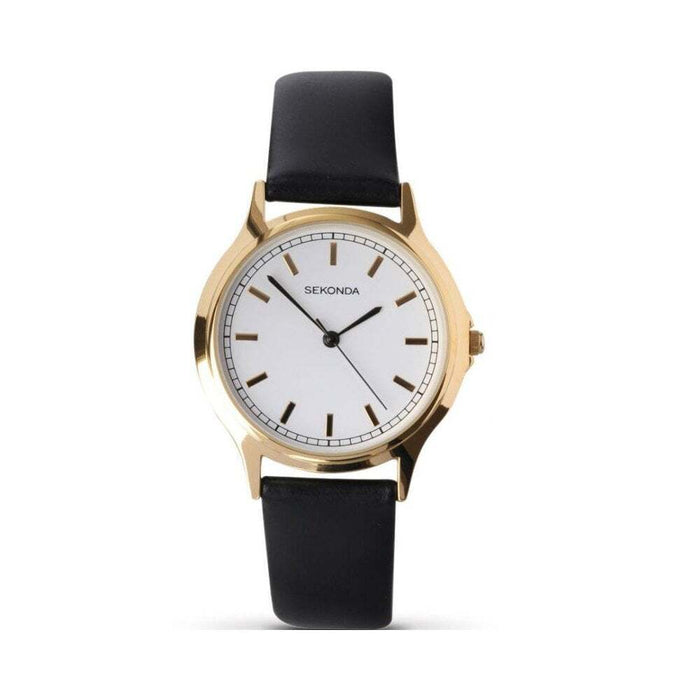 Ceas Sekonda Quartz Watches, cadran alb, curea neagră, carcasă aurie