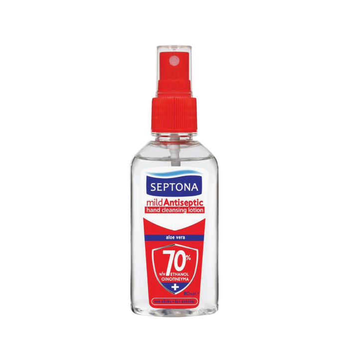 Loțiune de curățare pentru mâini Septona Mild Antiseptic, 70% etanol, cu aloe vera, 80 ml, tester