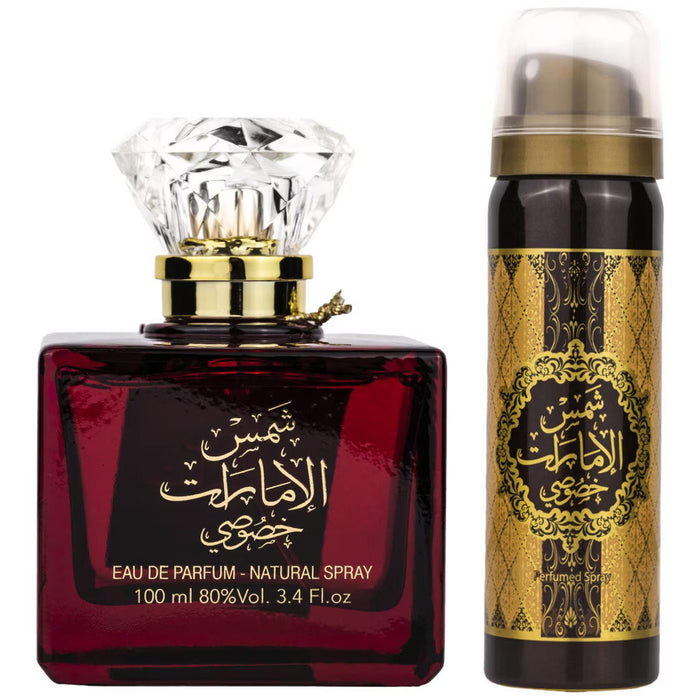 Set Ard Al Zaafaran Shams Al Emarat Khususi, pentru femei: apă de parfum 100 ml + deodorant spray 50 ml