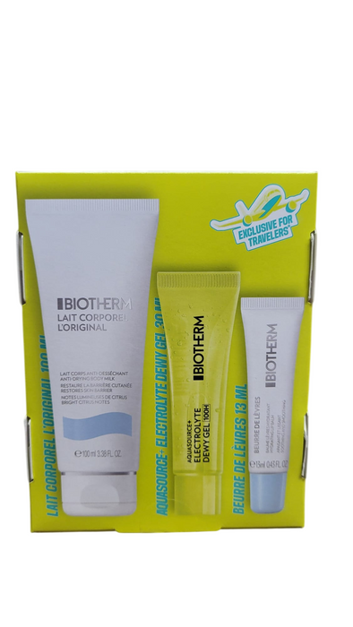 Set gel pentru conturul ochilor Biotherm Aquasource Electrolyte + lapte de corp Lait Corporel + balsam de buze, 20 ml + 100 ml + 13 ml