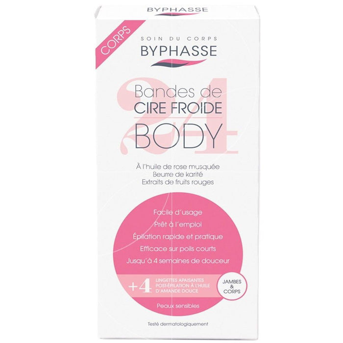 Set benzi cu ceară rece Byphasse Cold Wax pentru picioare + 4 șervețele calmante, cu unt de shea, 24 buc, tester