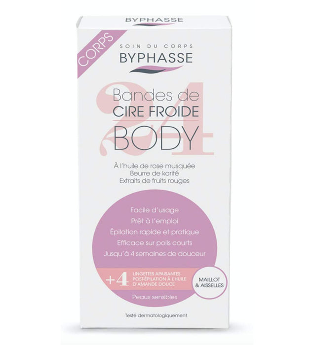 Set benzi cu ceară pentru epilare Byphasse Cold Wax + 4 șervețele calmante, cu unt de shea, pentru subraț și zona bikini, 24 buc, tester