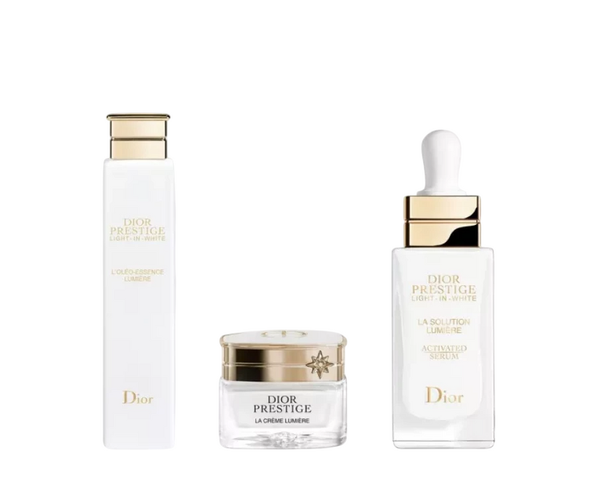 Set de îngrijire a feței Christian Dior Prestige Light-In-White: ser iluminator 30 ml + cremă iluminatoare 30 ml + loțiune exfoliantă 15 ml