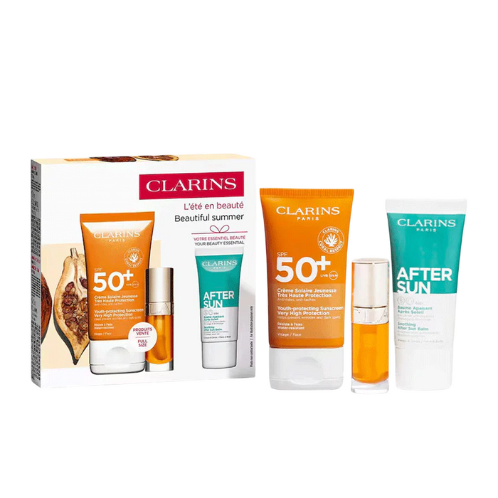 Set Clarins cremă de protecție solară pentru față SPF 50+, 50 ml + balsam după soare 30 ml + ulei de buze 01, 7 ml