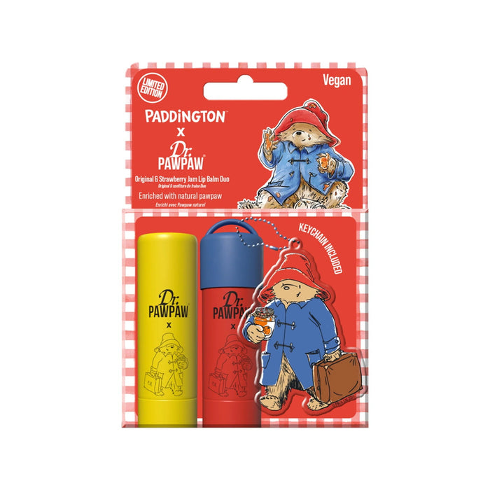 Set de balsamuri de buze Dr. PawPaw Paddington Bear, Original + Strawberry Jam + breloc, 2 x 4 g