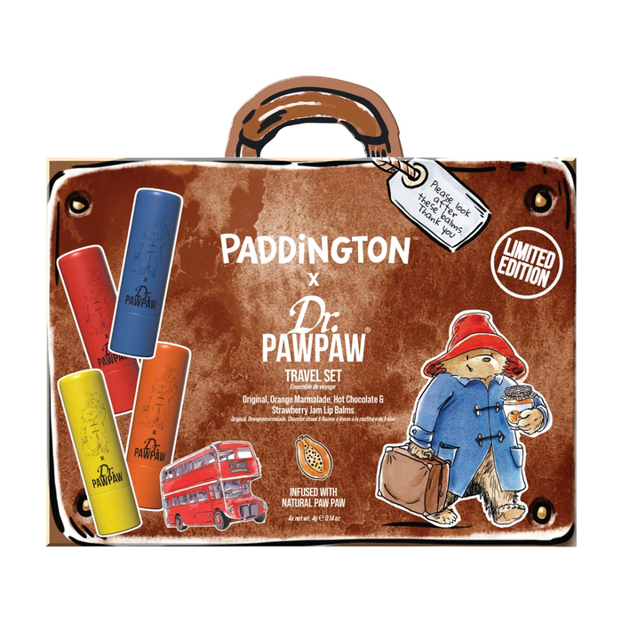 Set balsamuri de buze Dr. PawPaw Paddington: Orange Marmalade + Original Balm + Strawberry Jam + Hot Chocolate, 4 x 4 g