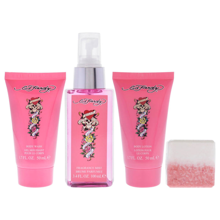 Set Ed Hardy, pentru femei: spray parfumat + gel de duș 50 ml + loțiune de corp 50 ml + bombă de baie