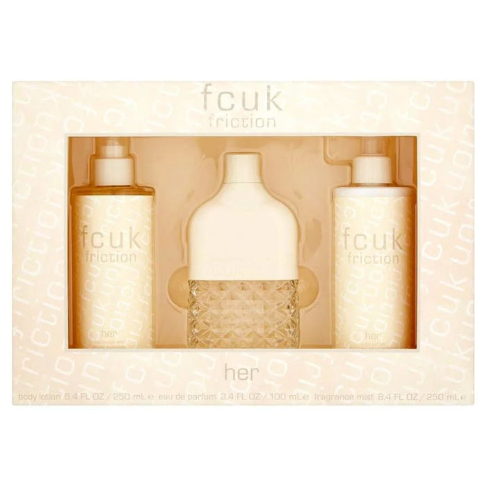 Set Fcuk Friction, pentru femei: apă de parfum 100 ml + loțiune de corp 250 ml + spray parfumat 250 ml