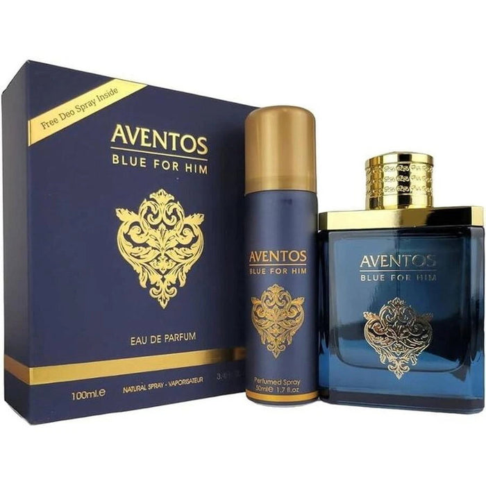 Set apă de parfum Fragrance World Aventos Blue, pentru bărbați: apă de parfum 100 ml + spray de corp 50 ml