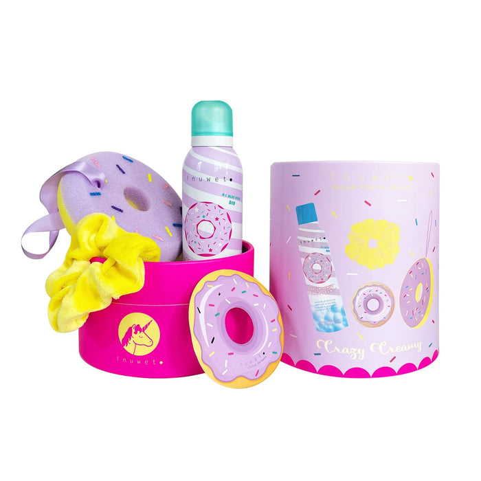 Set Inuwet Donut, mousse de duș pentru curățare și hidratare, 200 ml + elastic de păr + burete de corp + autocolant