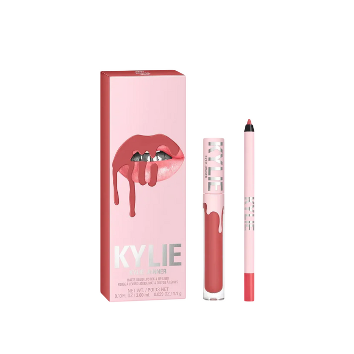 Set Kylie Cosmetics By Kylie, ruj lichid + creion de buze, nuanța Kristen, 3 ml + 1,1 g