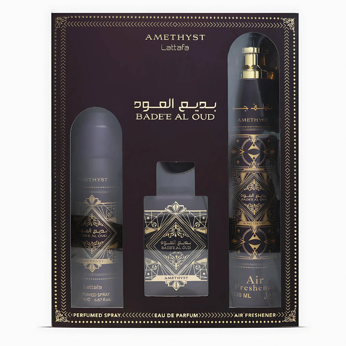 Set Lattafa Bade'e al Oud Amethyst, pentru bărbați: apă de parfum 100 ml + spray de corp 200 ml + spray de cameră 300 ml