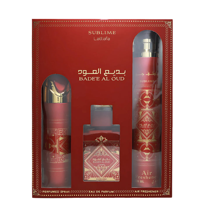 Set apă de parfum Lattafa Bade'e Al Oud Sublime, pentru bărbați: apă de parfum 100 ml + spray parfumat 200 ml + odorizant de cameră 300 ml