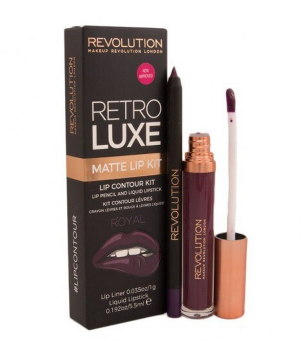 Set ruj lichid și creion de buze Makeup Revolution Retro Luxe, finisaj mat, nuanța Royal: ruj 5,5 ml + creion 1 g