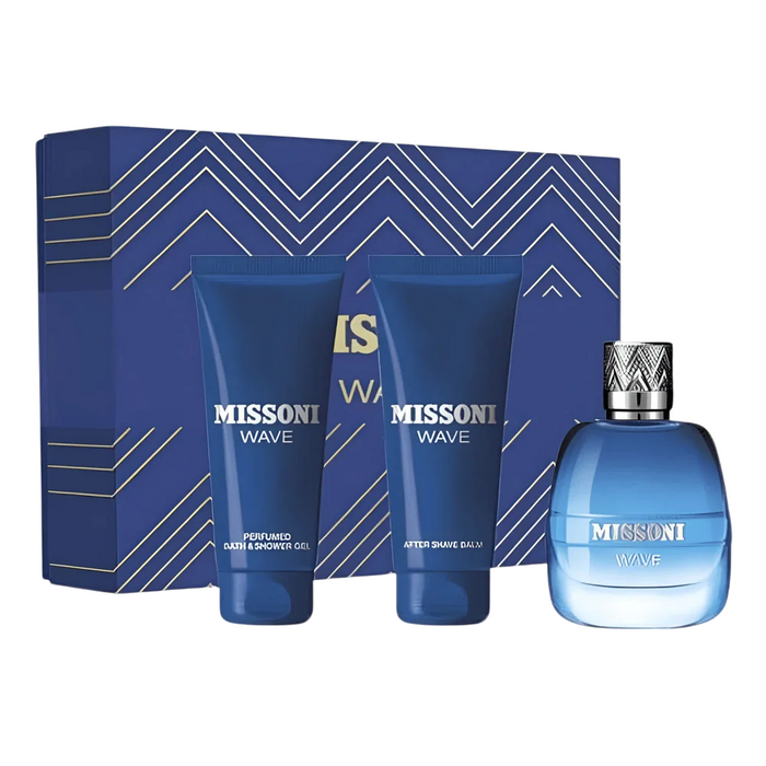 Set Missoni Wave, pentru bărbați: apă de toaletă 100 ml + balsam după ras 100 ml + gel de duș 100 ml
