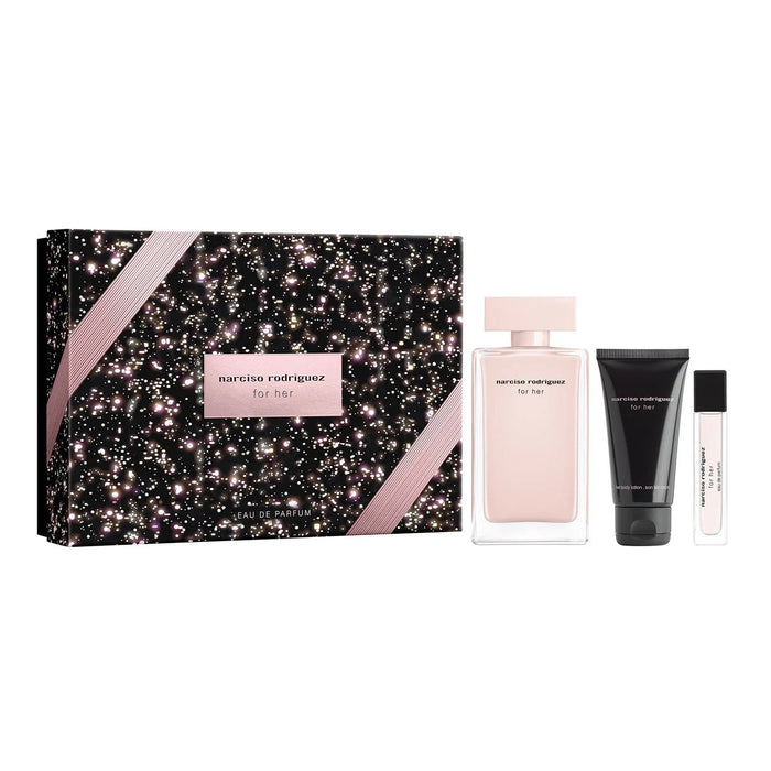 Set Narciso Rodriguez For Her: apă de parfum 100 ml + loțiune de corp hidratantă 50 ml + apă de parfum 10 ml, pentru femei
