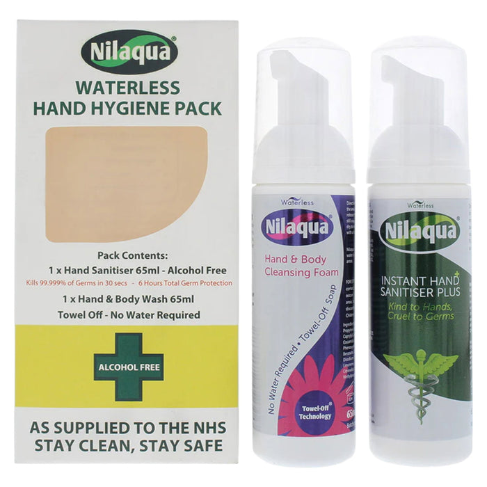 Set Nilaqua gel igienizant pentru mâini, fără alcool, 65 ml + spumă de curățare pentru mâini și corp, 65 ml