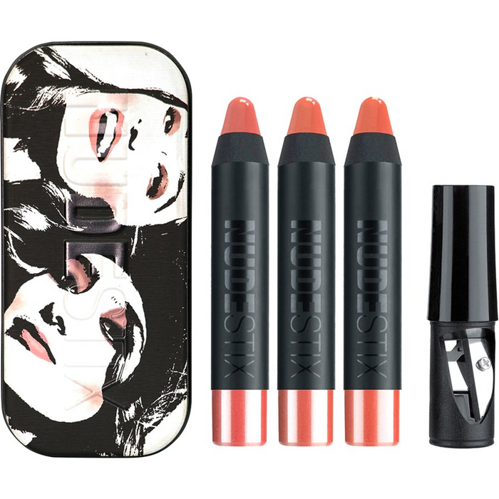Set de balsamuri pentru buze și obraji Nudestix Gel Color + ascuțitoare, efect lucios, Ally, J Mama și Tay Tay, 3 x 2,8 g