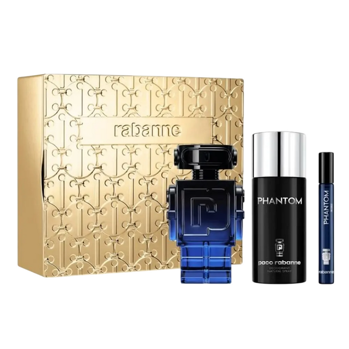 Set Paco Rabanne Phantom Intense, pentru bărbați: apă de parfum reîncărcabilă 100 ml + apă de parfum 10 ml + deodorant spray 150 ml