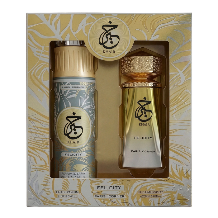 Set Apă de parfum Paris Corner Khair Felicity + deodorant spray, pentru femei, 100 ml + 200 ml