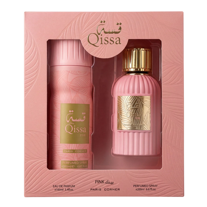 Set Paris Corner Qissa Pink, pentru femei: apă de parfum 100 ml + deodorant spray 200 ml