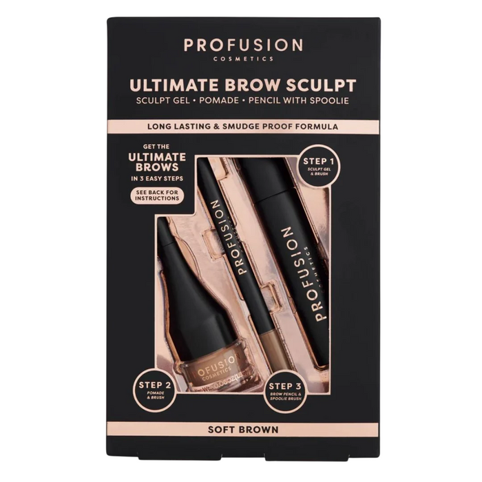 Set Profusion Cosmetics Ultimate Brow Sculpt, gel + creion cu perie + pomadă pentru sprâncene, Soft Brown, 1,8 g + 0,07 g + 4 ml
