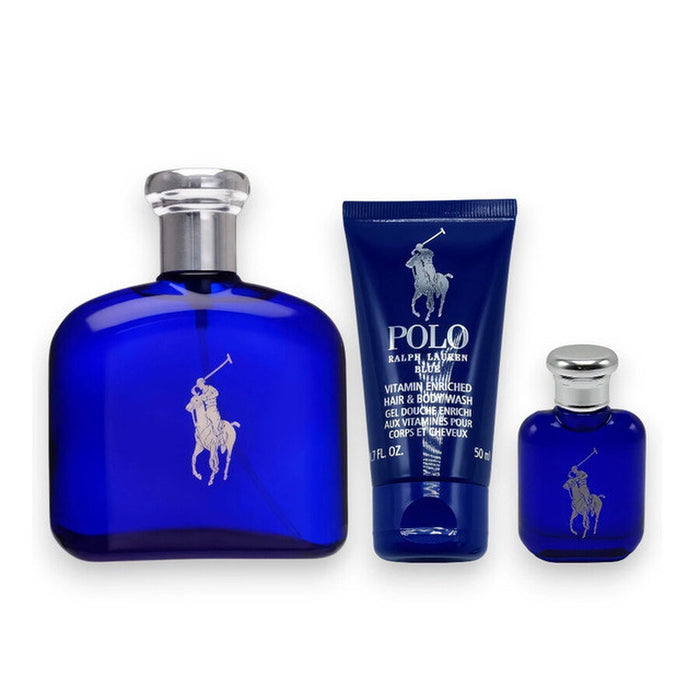 Set Ralph Lauren Polo Blue, pentru bărbați: apă de parfum 125 ml + gel de duș 75 ml + deodorant antiperspirant stick 75 g
