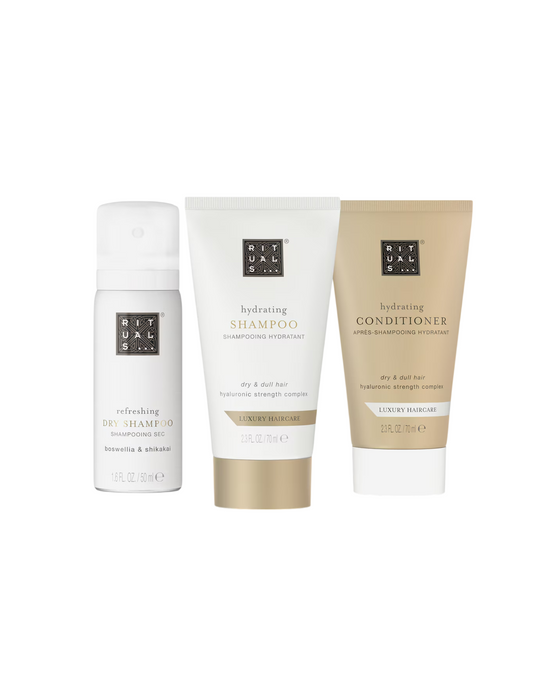 Set de îngrijire a părului Rituals Luxury Hair Care: șampon hidratant 70 ml + balsam hidratant 70 ml + șampon uscat reîmprospătător 50 ml
